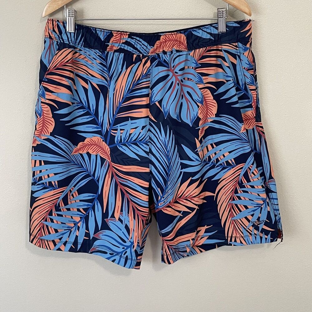 Speedo Men's XL Tech-volley Swim Shorts UV 50+ Blue Tropical 8” Inseam Lined